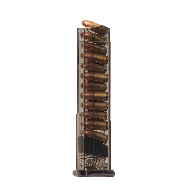 Elite Tactical Systems Carbon Smoke Magazine for S&W Shield displaying bullets, showcasing clear body and durable design.